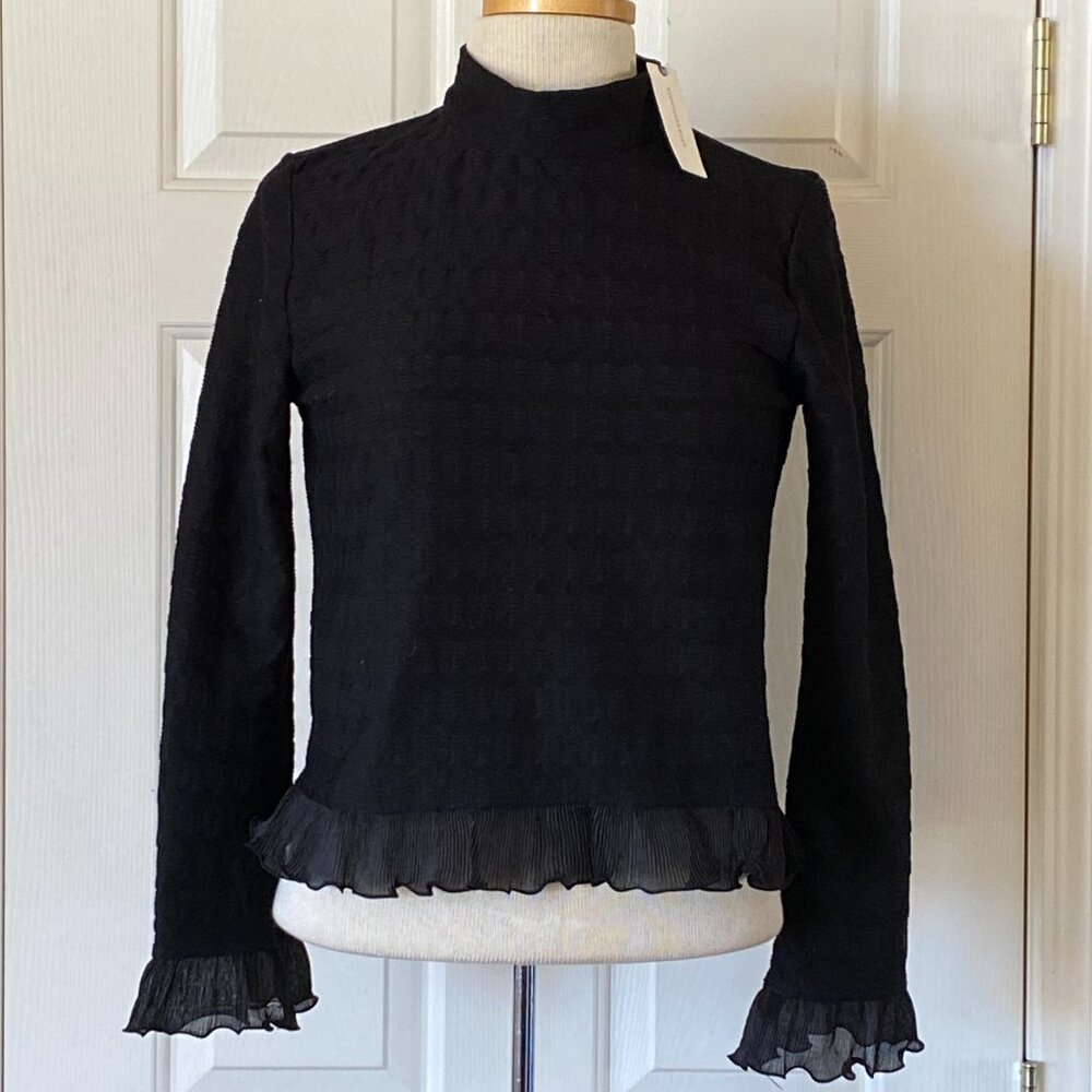 Anthropologie Blue Tassel High Neck Ruffle Trim Stellah Blouse Top Shirt Black S
